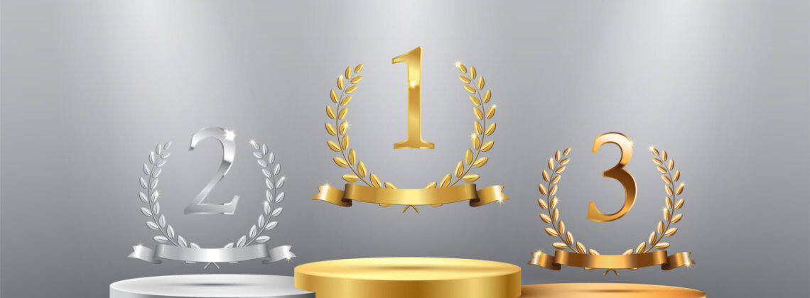 Winner background with golden, silver and bronze laurel wreaths with ribbons and first, second and third place signs on round pedestal isolated on gray. Vector winner podium sports symbols.