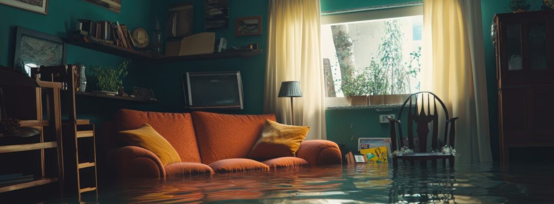 A submerged living room, with furniture and belongings drenched, emphasizing the critical role of home insurance