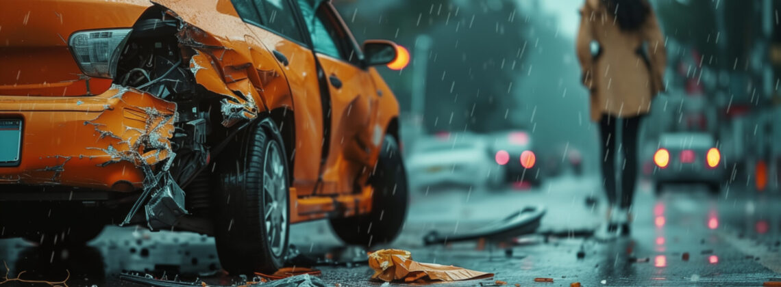 a rear-ended car with a woman walking away in the rain – car insurance claim – road safety regulation campaign – auto repair shop promotion – personal injury lawyer ads