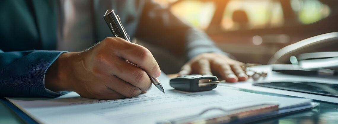 Man signing car insurance document or lease paper. Writing signature on contract or agreement. Buying or selling new or used vehicle. Car keys on table. Warranty or guarantee. Customer : Generative AI