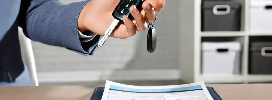 DALL·E 2024-06-13 10.58.26 – A realistic photo of a hand holding car keys, with rental documents visible on a table. The hand is holding a key fob and a keychain. The documents on