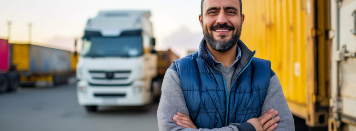 smiling male truck driver with arms crossed standing in front of a large cargo truck and shipping containers