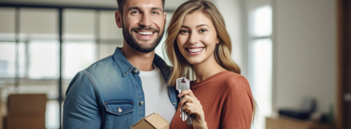 Happy young couple home owners holding keys in new home created with generative AI technology
