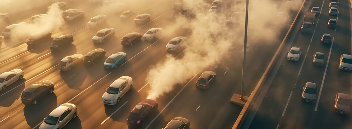 Highway surrounded by heavy car traffic with exhaust fumes around. The issue of mass usage of internal combustion engine vehicles and emissions of harmful substances into the atmosphere