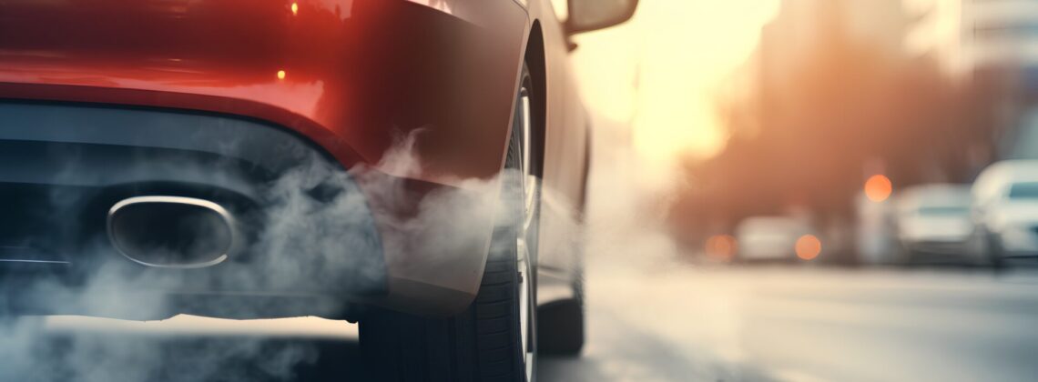 Closeup car exhaust pipe with visible CO2 smoke billowing out. Carbon emissions and global warming. Environmental problem with diesel and fossil fuels burning. Dioxide impact from urban traffic jams.