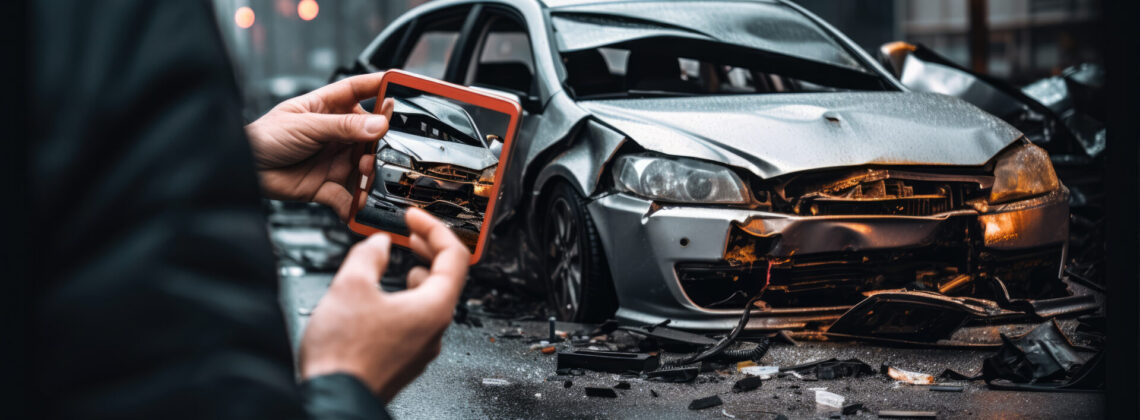 Car accident with major damage. vehicle crash phone photography for insurance. Man hand takes pictures of damage car after accident with smartphone.