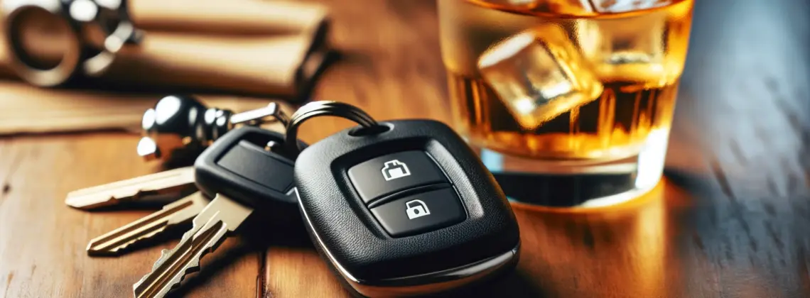 DALL·E 2024-06-05 09.20.51 – A set of car keys placed next to a glass of alcohol on a wooden table. The car keys have a key fob with buttons and a metal key attached. The glass co