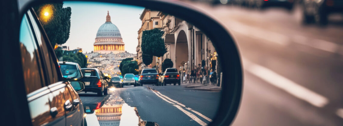 Car rear mirror with view of old european city. AI generative