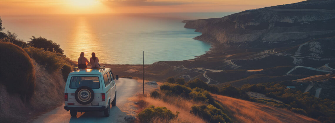 Couple of friends enjoying scenic Mediterranean view from a road side parked minivan. Travelling in camper van. Planning a road trip adventure.