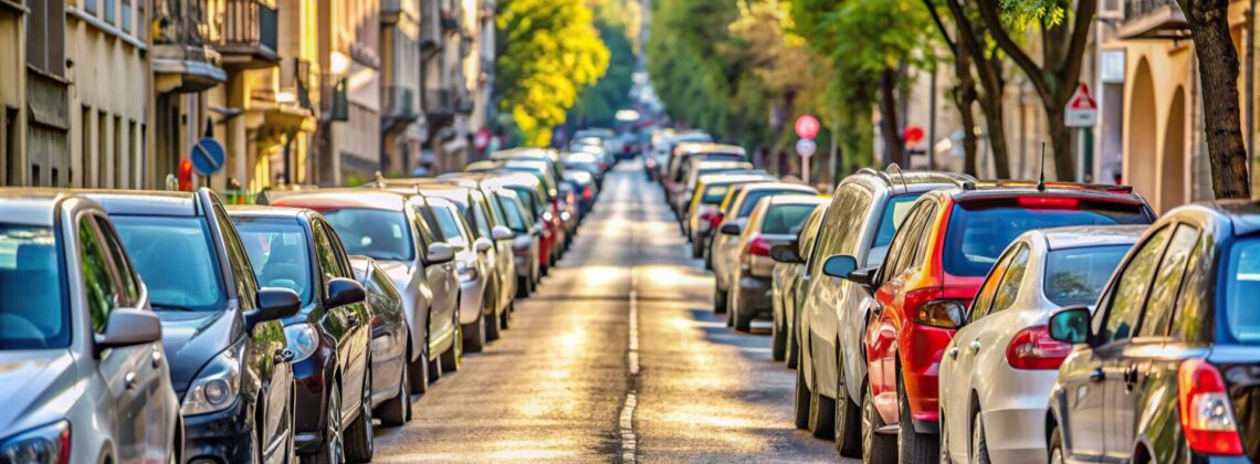 City street filled with parked cars lined up in a row , urban, transportation, vehicles, cars, road, parked, street, cityscape, empty, row, lined up, downtown, traffic, parallel parking