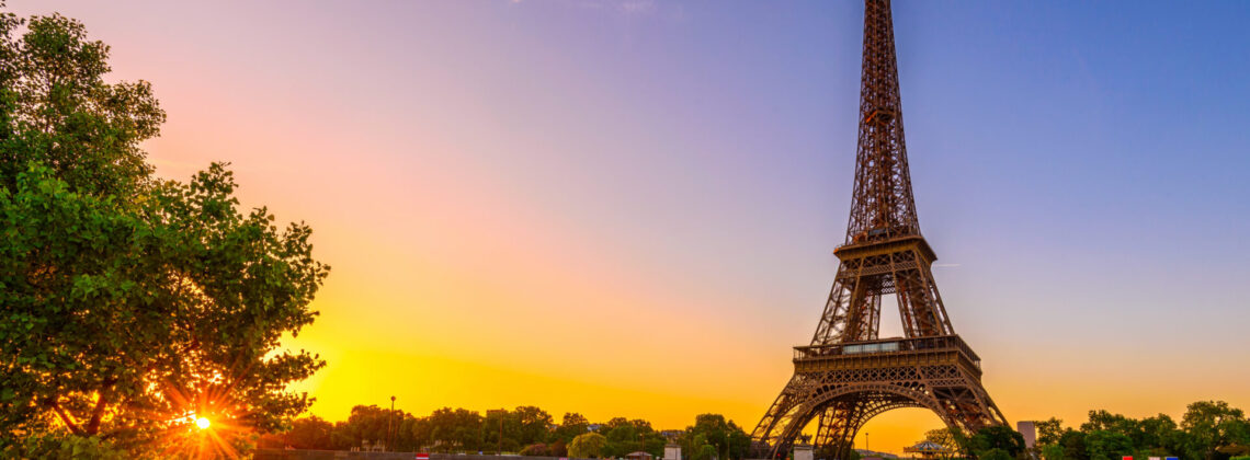 View of Eiffel Tower and river Seine at sunrise in Paris, France