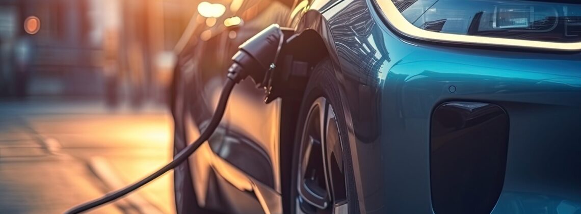 Electric car charging in the city, close-up. Electric vehicle concept