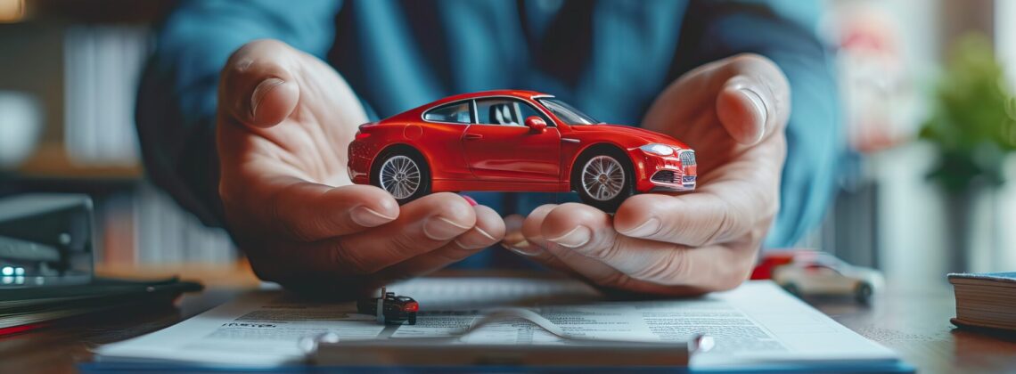 Business man’s hand protecting red toy car on the desk. Planning to manage transportation finance costs. Concept of car insurance business, saving buy-sale with tax and loan for new car.