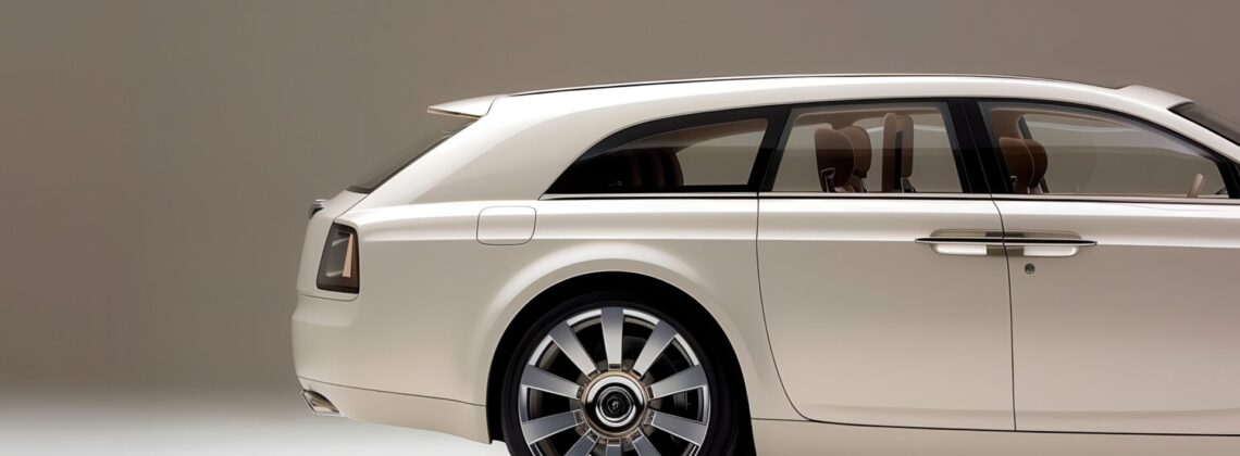 White luxury car with wagon body style, rear view.