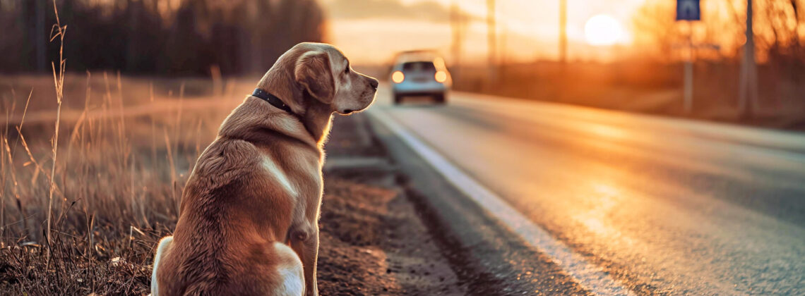 A sad dog sits near the road and looks into the distance at a leaving car against the background of the sunset. The Labrador dog is lost and is waiting for its owner. Homeless animals concept