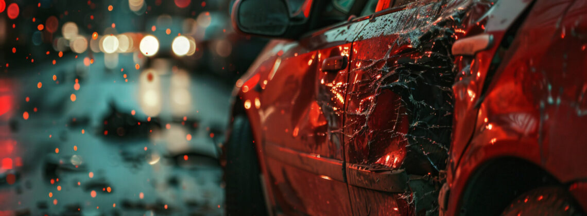 Close-up of a red car with side damage on a wet urban street at night